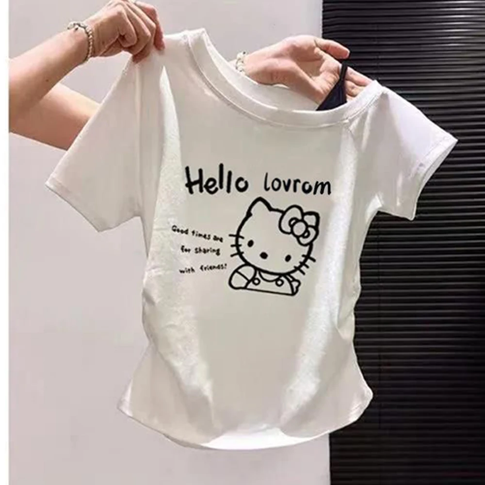 

Hello Kitty Cartoon T-Shirt Women Short Sleeve Loose Cotton Tee Cute Y2K Casual Versatile Harajuku Daily Streetwear Girls Top