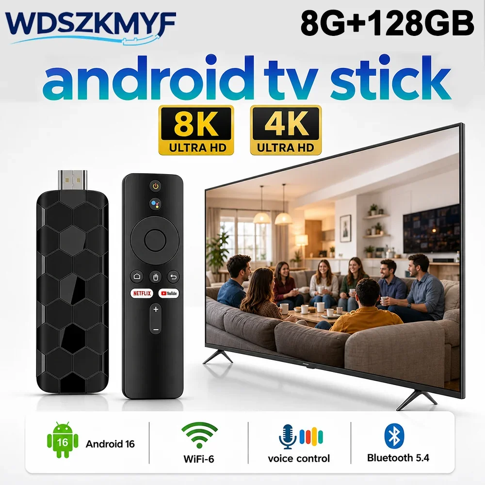 4K 8K UHD R3+ Streaming TV Stick Android 16, 8GB+128GB Storage WiFi6 Bluetooth 5.0 Built-in Google Assistant