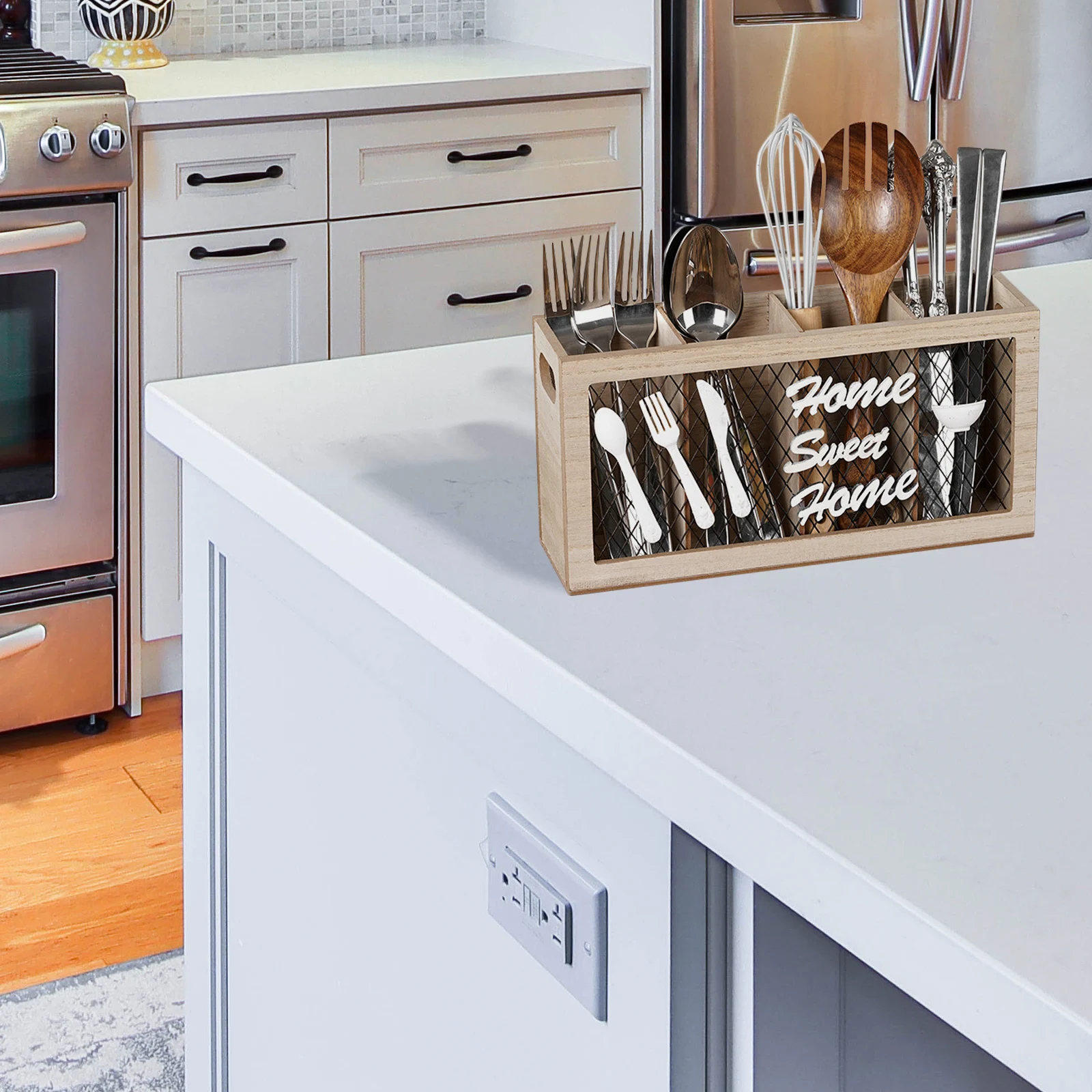 

Деревянный держатель для кухонной утвари, органайзер для столовых приборов, 4 отделения, регулируемый ящик для хранения столового серебра, деревенский, элегантный, компактный