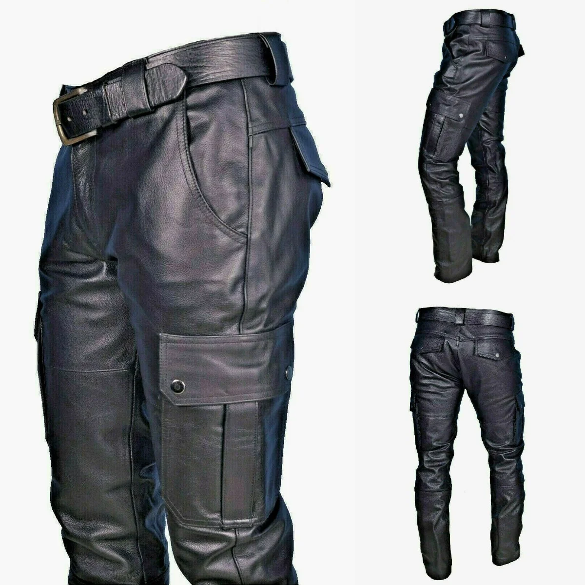 2026 Men's PU Leather Pants Slim Fit Casual Biker Trousers Man Belt Multi-Pocket Streetwear Pants Autumn Winter Plus Size XS-5XL