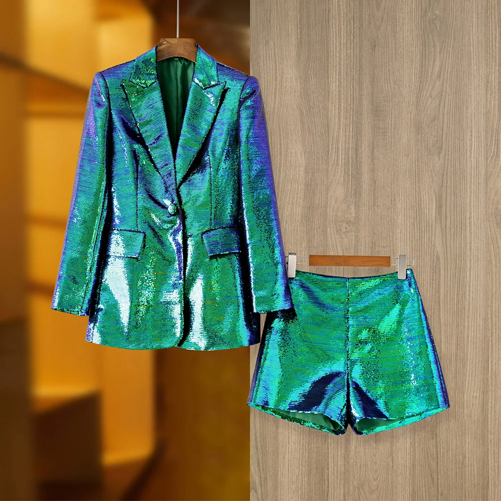 Blazer e shorts de botão único com lantejoulas, estilo de festa único, terno de lantejoulas para senhora, cor brilhante, novo, 2 peças