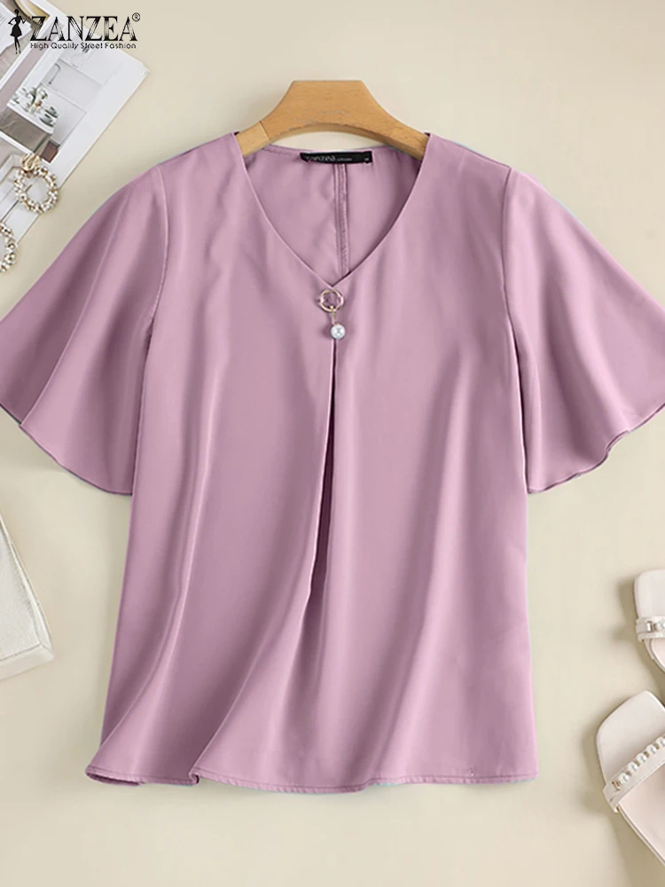 

ZANZEA Elegant Ruffle Short Sleeve Blouses V-Neck Women Commute Solid 2025 Summer Tops Pearl Pin Detail Fashion Blusas Mujer