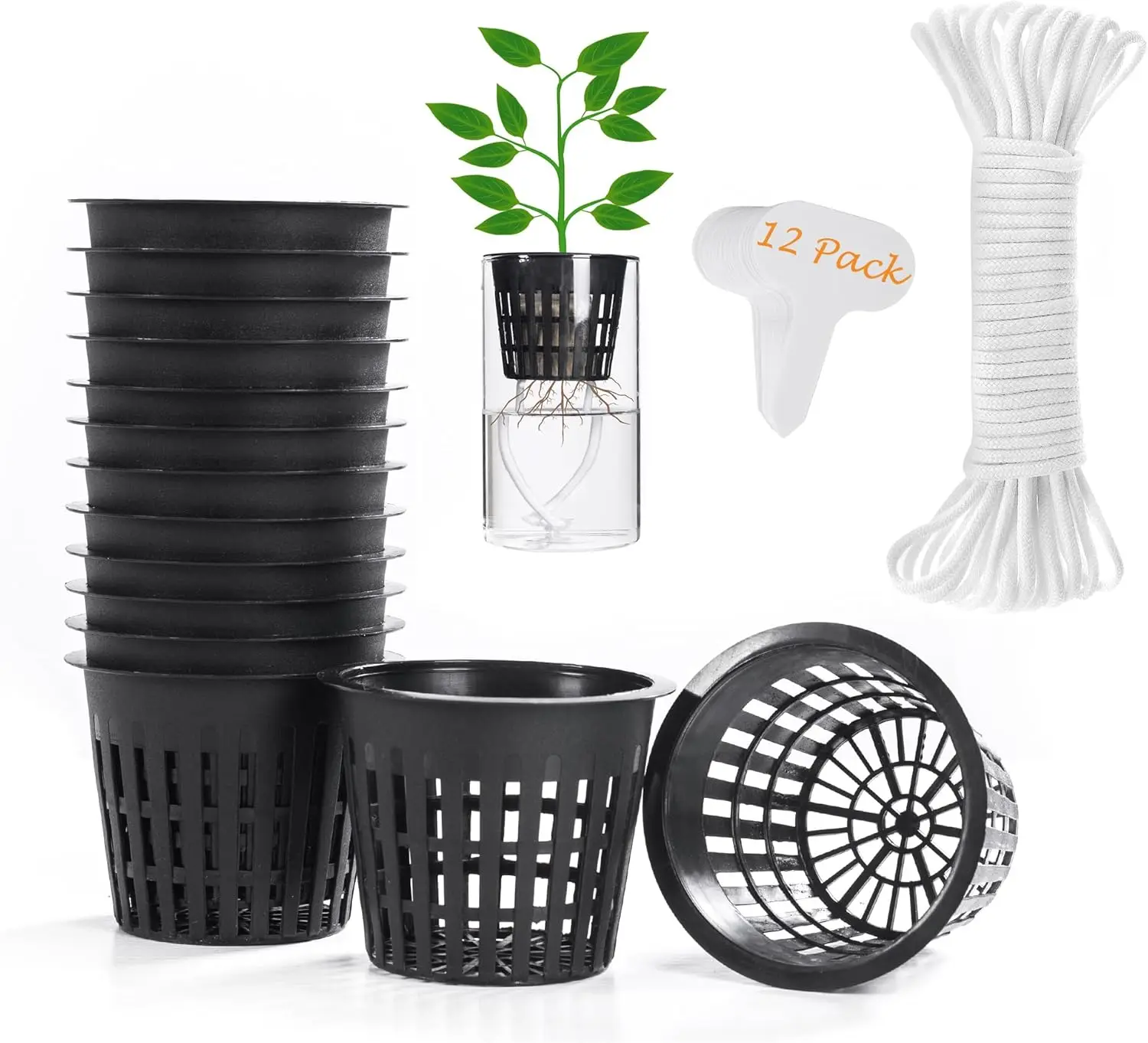 

12 Pack 3 inch Net Cups Pots with 12 feet Hydroponics Self Watering Wick & 12 Plant Labels Aquaponics Mason Jar Bucket I