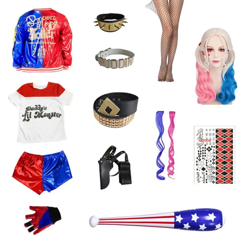 สาว Quinn เครื่องแต่งกาย Harley Jacket TShirt กางเกงขาสั้นเด็ก Squad Carnival เครื่องแต่งกายชุดวันเกิดคอสเพลย์ฮาโลวีนเครื่องแต่งกาย