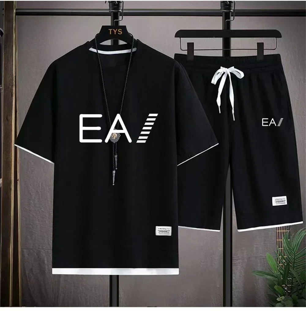 Men's New Summer breathable waffle cover crew neck Short sleeve + Sports shorts 2-piece monogram EA1 casual suit