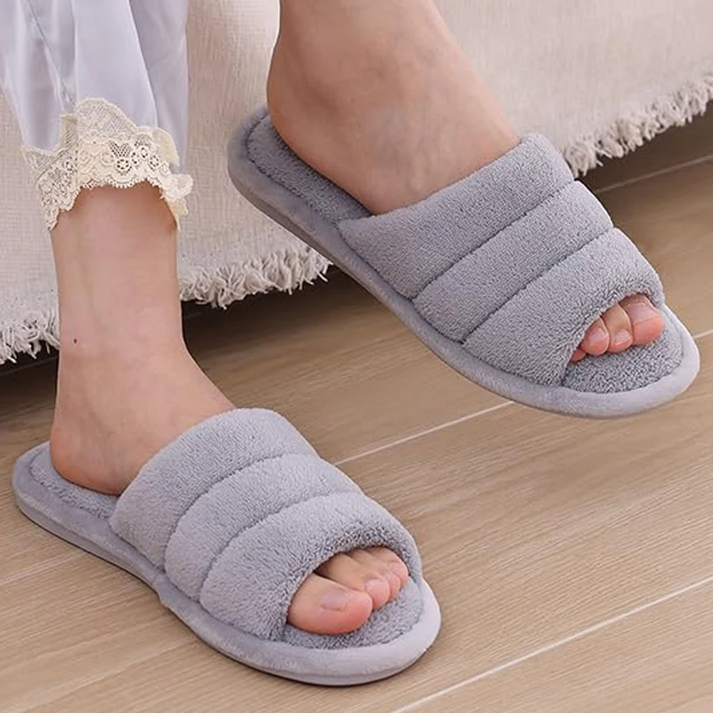 Goosecret Cozy Cotton Shoes Women Plush Fuzzy House Slippers Lightweight Open Toe Indoor Slides Casual Non-Slip Soft Sole Sandal