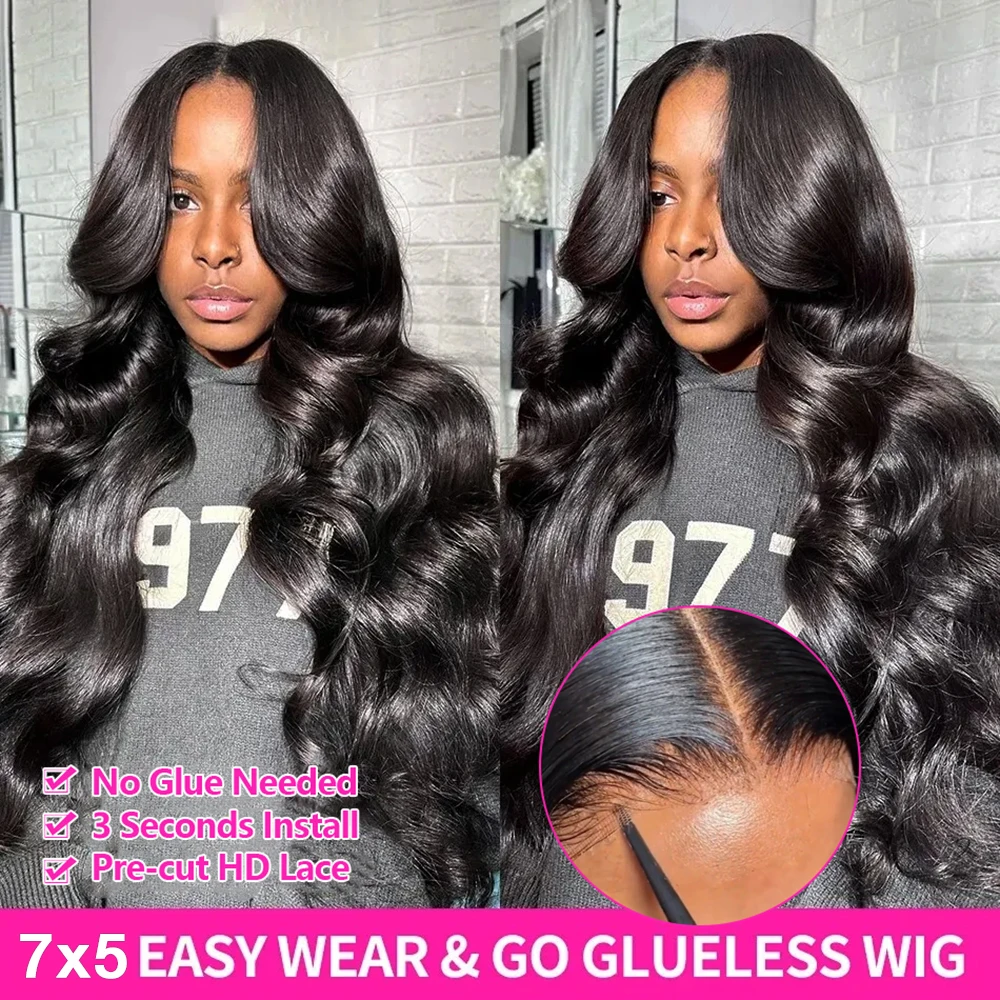 Wig Rambut Asli Model Body Wave Tanpa Lem, Wig Rambut Asli dengan Lace Frontal HD 13x6, Wig Rambut Asli dengan Lace Closure Transparan HD 5x5