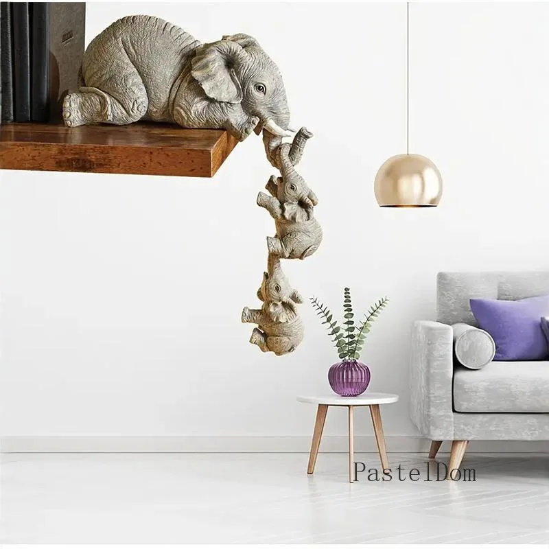 3Pcs‑Set Cute Elephant Resin Figurines, Mother Elephant Holding Baby Hanging Shelf Table Edge Decorative Craft Ornament