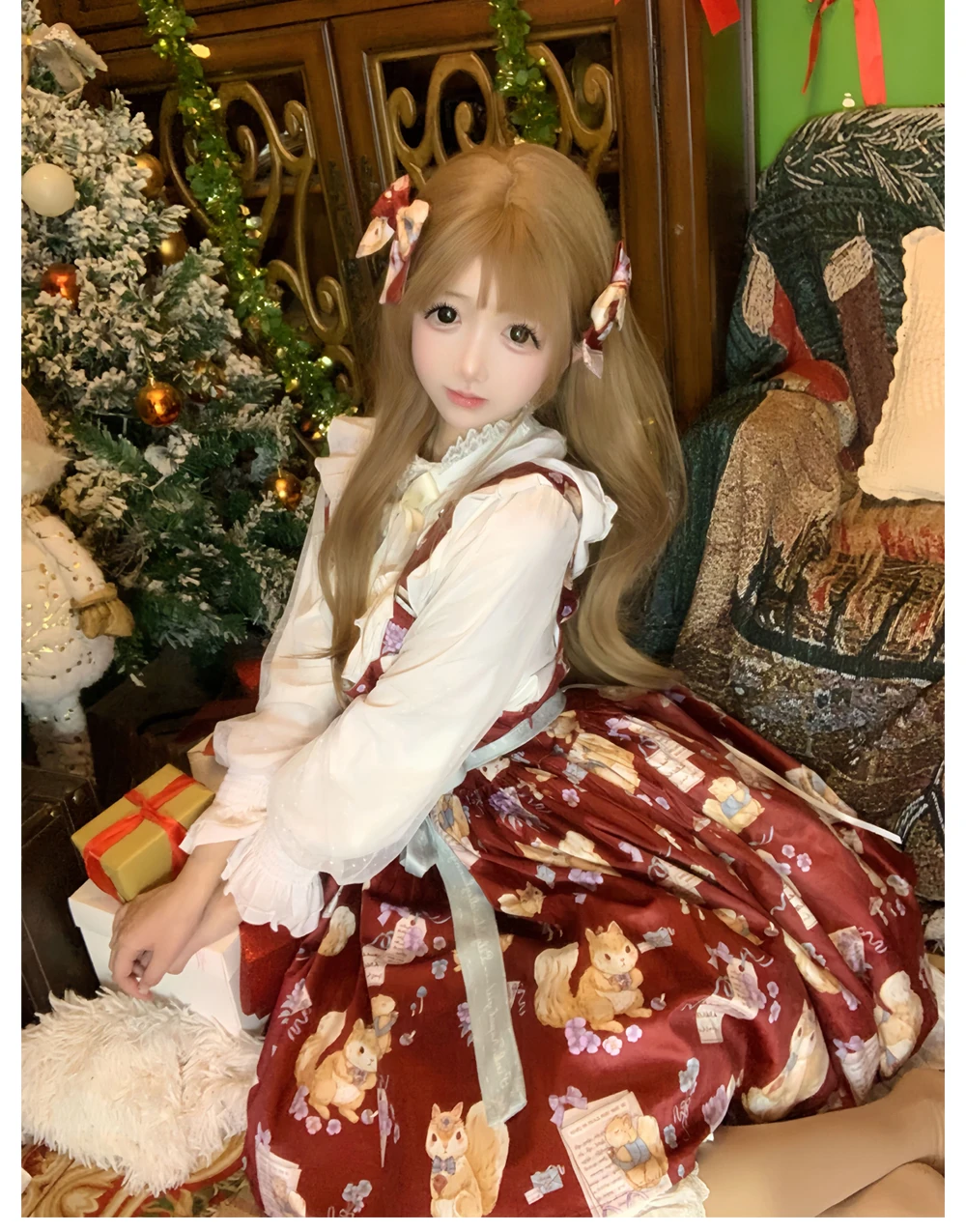 

Strap Dress Lolita Japanese Style Girly Four Seasons Wear Dress Playful Cute Wine Red Little Squirrel Print Sleeveless Dress