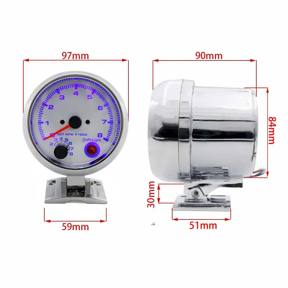 

"2" 52mm GM Tachometer - 0-8000 RPM White LED Racing Gauge, 12V Engine Speed Meter for Car Dashboard"