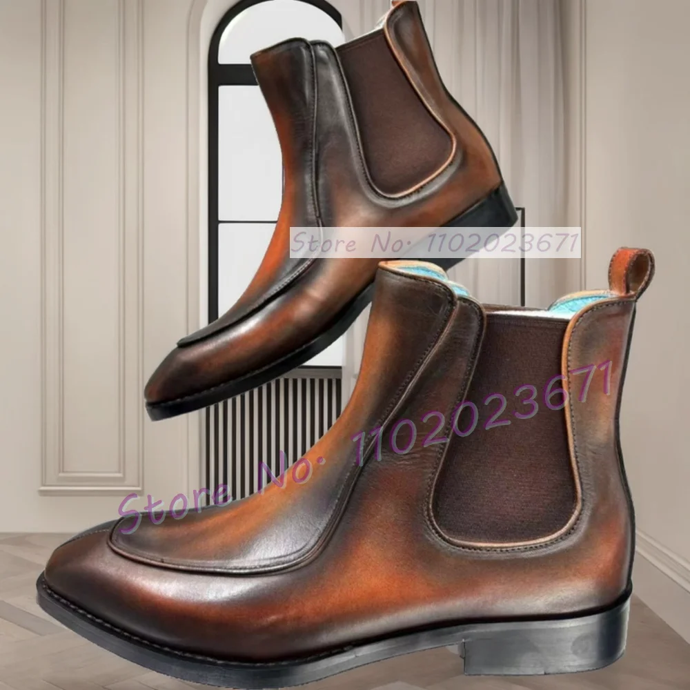 

Vintage Polished Cow Leather Men's Chelsea Boots Luxury Gradient Color Streetwear Shoes Gentleman Slip On Casual Low Heel Boots