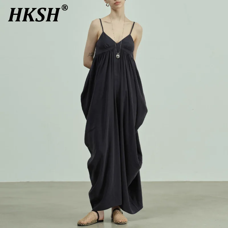 

HKSH Summer New Women Tide Streetwear Y2K Elegant Fashion Chic Dress Cool Patchwork Ins V-neck Sleeveless Strap Bud Skirt HK5178