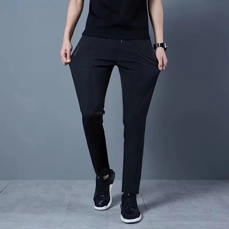 Men's Casual Pants Business Office Straight-Leg Elastic Slim Summer Breathable Ice Silk Pants Jogging Korean New Classic Pants