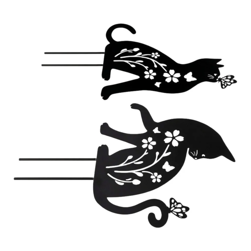 Galvanized Steel Black Cat Garden Ornament Set with 4 Ground Pegs - 2 Piece Metal Cat Silhouette Stakes for Lawn