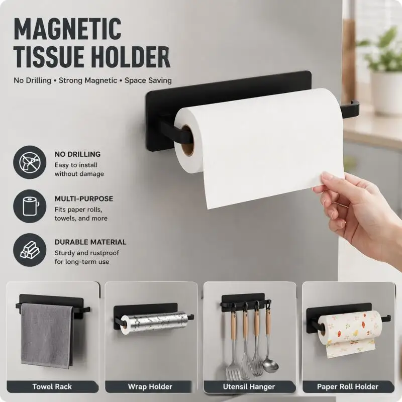 Magnetic Tissue Holder for Refrigerator No Drilling Paper Roll Holder Kitchen Towel Rack for Paper Towels Sticky Side Organizer