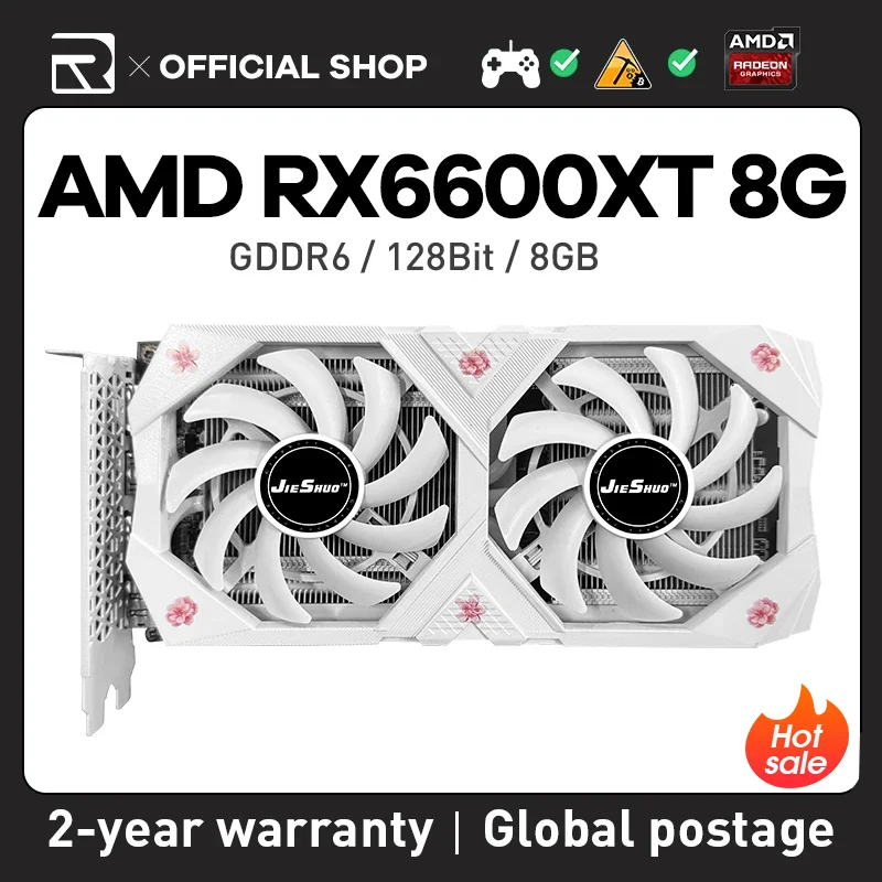 JIESHUO AMD RX 6600XT 8GB Video card GDDR6 GPU128-bit rx6600 xt 8g for desktop computer desktop games Office graphic card 6600xt