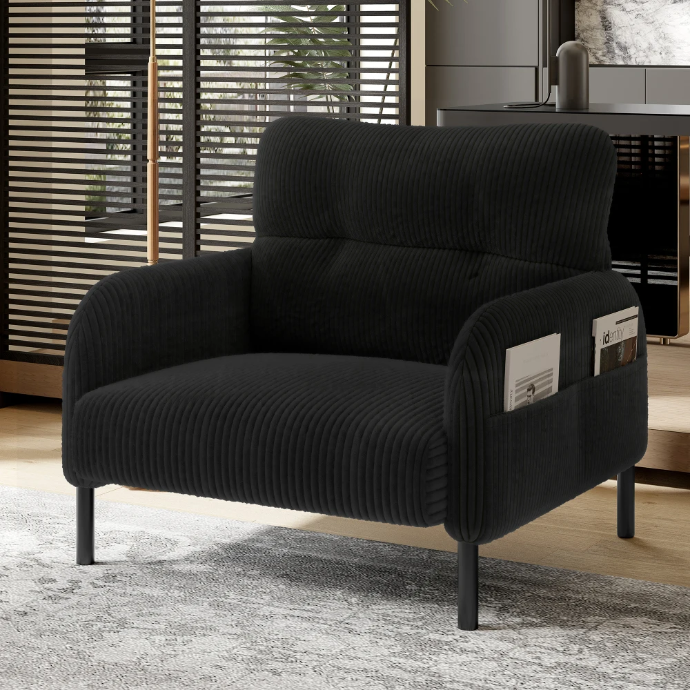 Velvet Fabric Sofa Chair Comfortable Seat Depth Armrests with Side Pockets on Both Sides Solid Structure Home Furniture for Living Room Bedroom Study Room Indoor Single Seat Lounge Chair Household