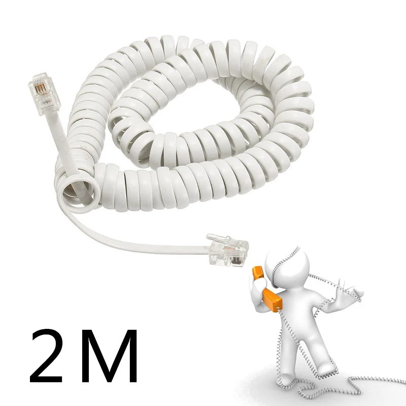 2M Coiled Telephone Handset Cable RJ10 4P4C Phone Voice Extension Curly Spring Cord Telephone Coiled Cord Connection Line