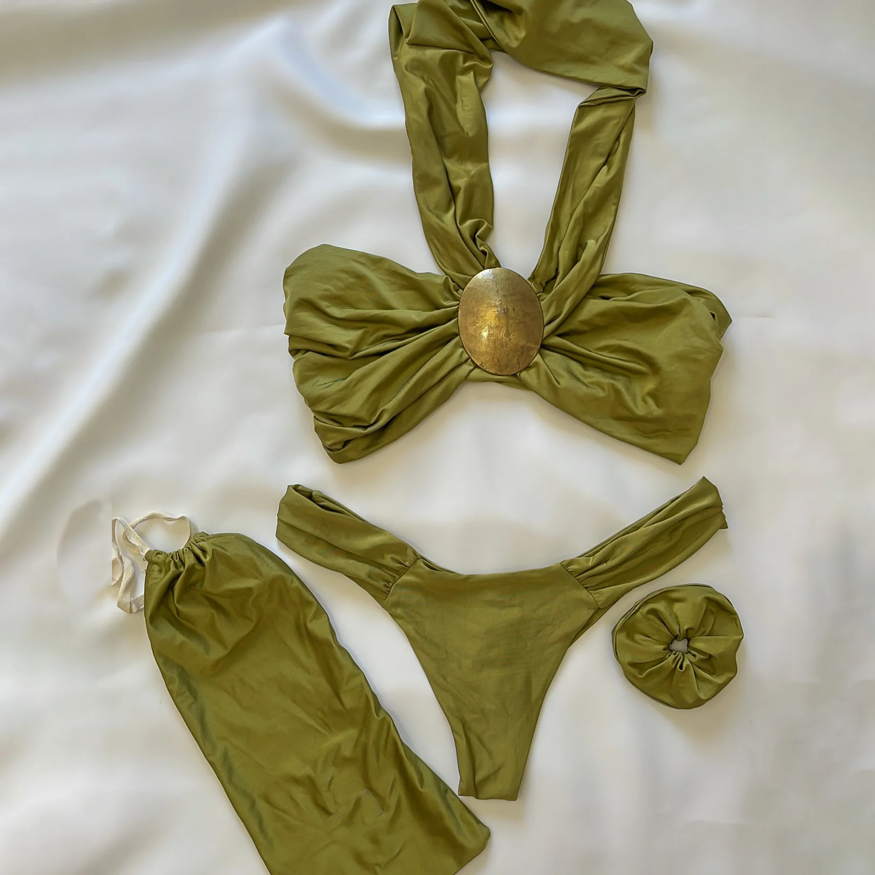 Bandeau 3Pcs Biquini Sexy Bikini Women Swimsuit Push Up Swimwear Female Strappy Bathing Suits Green Bodysuit Beachwear Swim Suit image 6