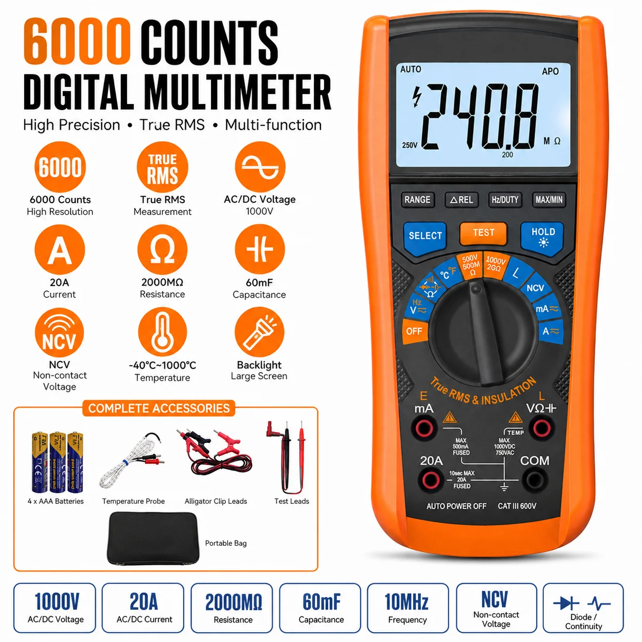 Insulation Resistance Tester 1000V 2000MΩ Multimeter True RMS Capacitance Inductance NCV Temp for HVAC Electrical Maintenance