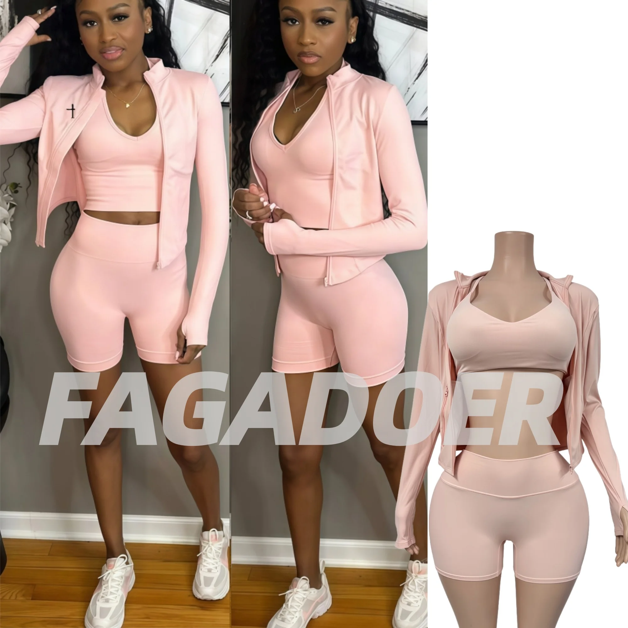 

FAGADOER Sexy 3 Pieces Set for Woman Outfits Solid Color Long Sleeve Crop Jacket + Vest +Shorts Matching Female Streetwear New