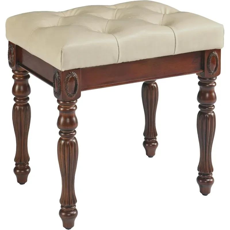 Vanity Bench Stool with Padded Cushion, Piano Bench with Solid Wood Carving Legs, Home Chairs Button Breathing Leather