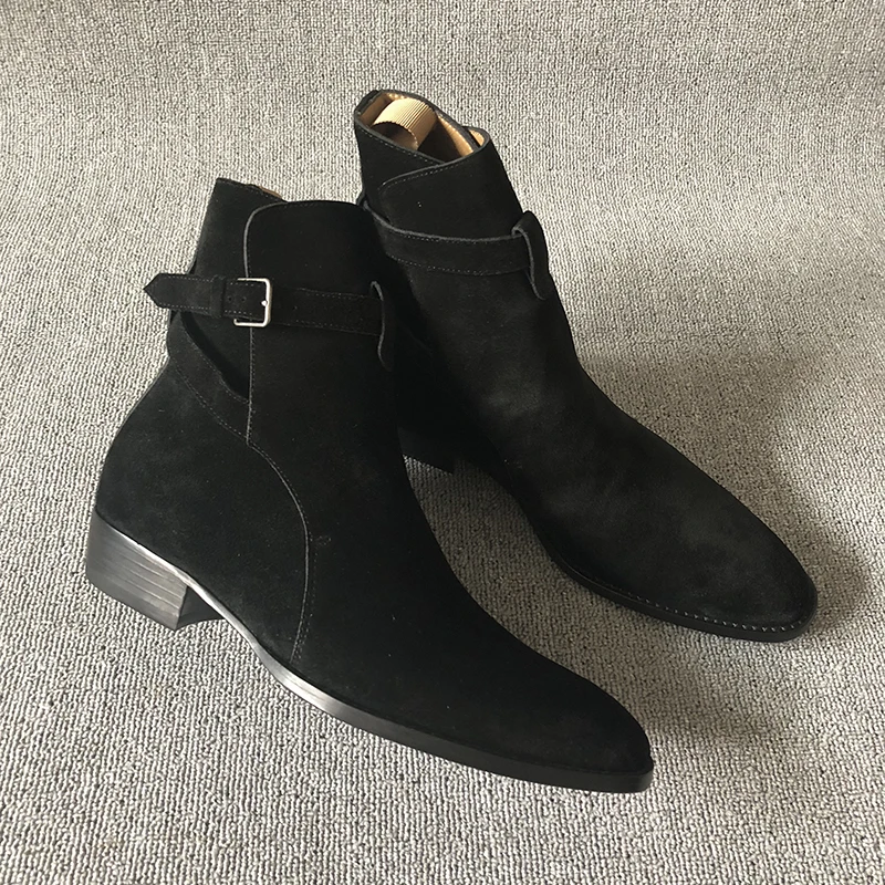 Black Brown Genuine Cow Suede Cross Belt Buckle Ankle Boots Man Square Heel Barber Boots Outdoor Shoes Male Vintage Boots view 2