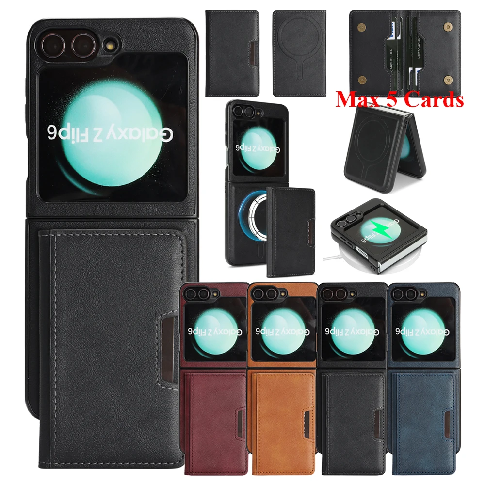 2-in-1-Ledertasche für Samsung Galaxy Z Flip 7 6 5 4 3 Fe Flip7 Flip6 Flip5 Wireless Charging Magnetic Cards Slot Phone Cover