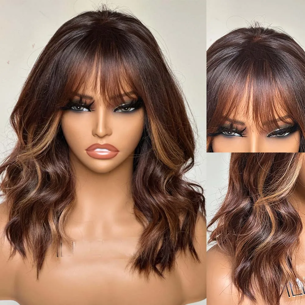 Hesperis Blonde Highlight Human Hair Wig With Bangs Brazilian Remy Wear And Go Full Machine Made Wave Wigs For Black Women