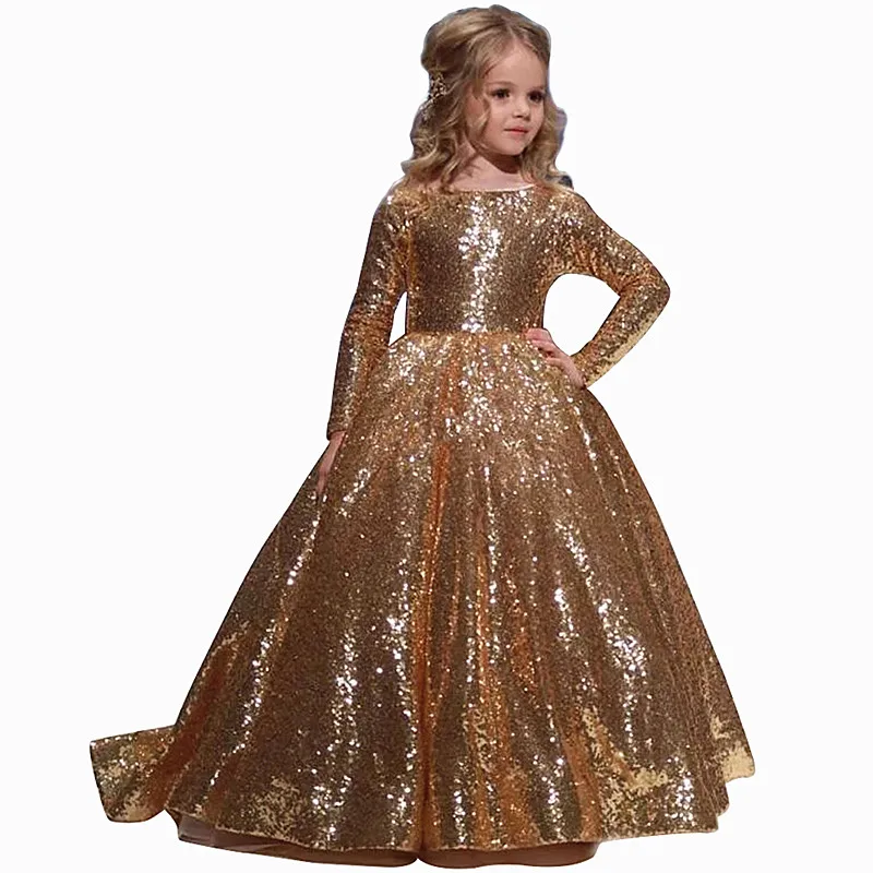 Golden Flower Girl Dress Sequin Baby Girl Princess Puffy Wedding Party Dress Princess Birthday Dress for Girls Detachable Sleeve