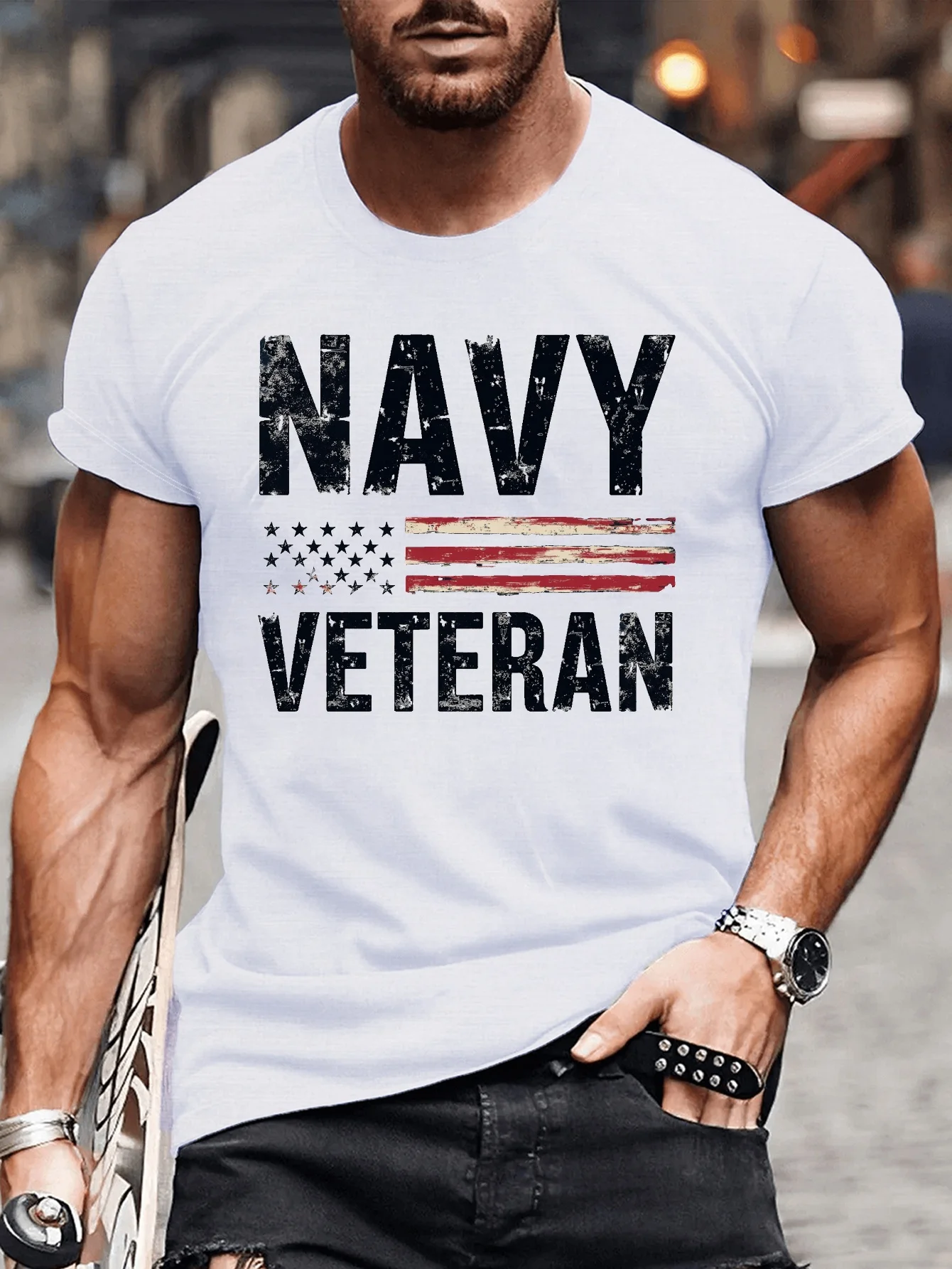 البحرية المخضرم الجرافيك القطن الخالص تي شيرت الرجال عادية المحملة نمط عادية الوطنية تصميم متماسكة البناء البحرية المخضرم الملابس