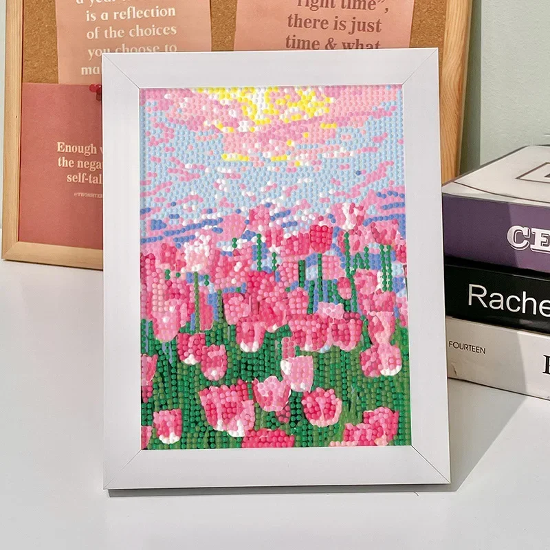 DIY Tulpen-Sonnenblumen-Diamantmalerei mit Rahmen, Diamant-Stickerei, Bastelgeschenk für Kinder