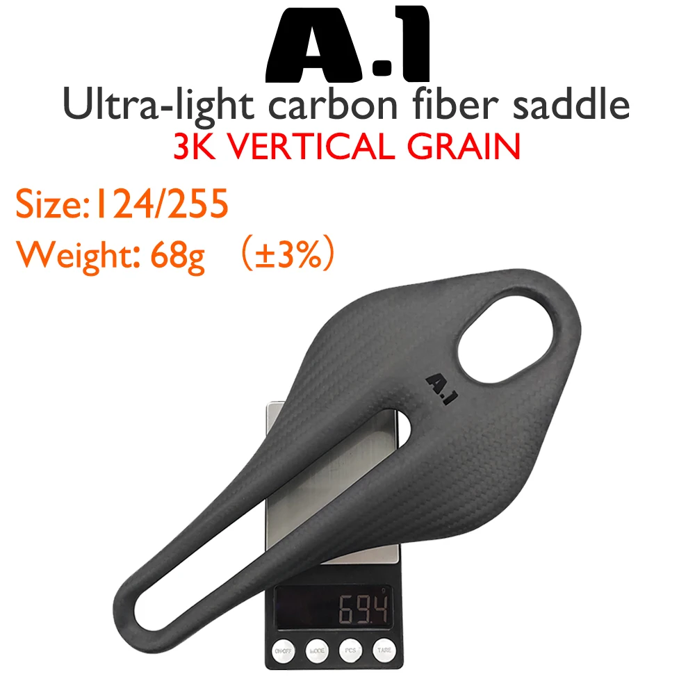

T800 Carbon Fiber Bicycle Saddle, Ultralight 68g, for Road/Mountain/Gravel/Race, A1, 3K/Matte/Gloss, 124x255mm, 7x9mm, Unisex