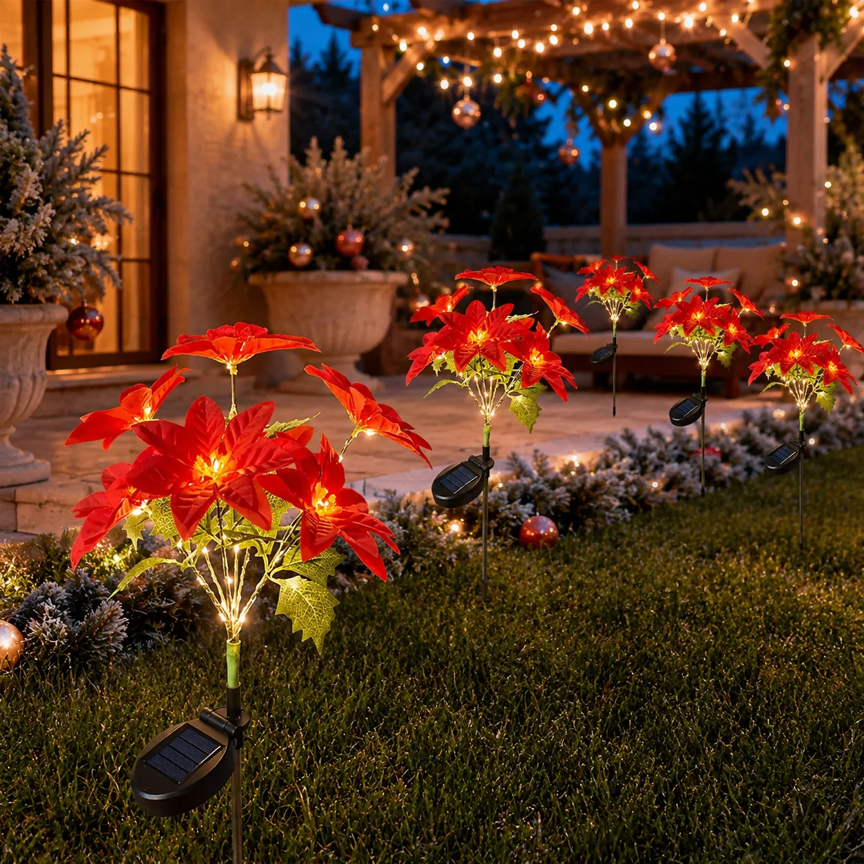 LED Solar Holiday Flower Lights Poinsettia Outdoor Garden Ground Stake Lamp Waterproof Christmas Lawn Walkway Patio Yard Decor