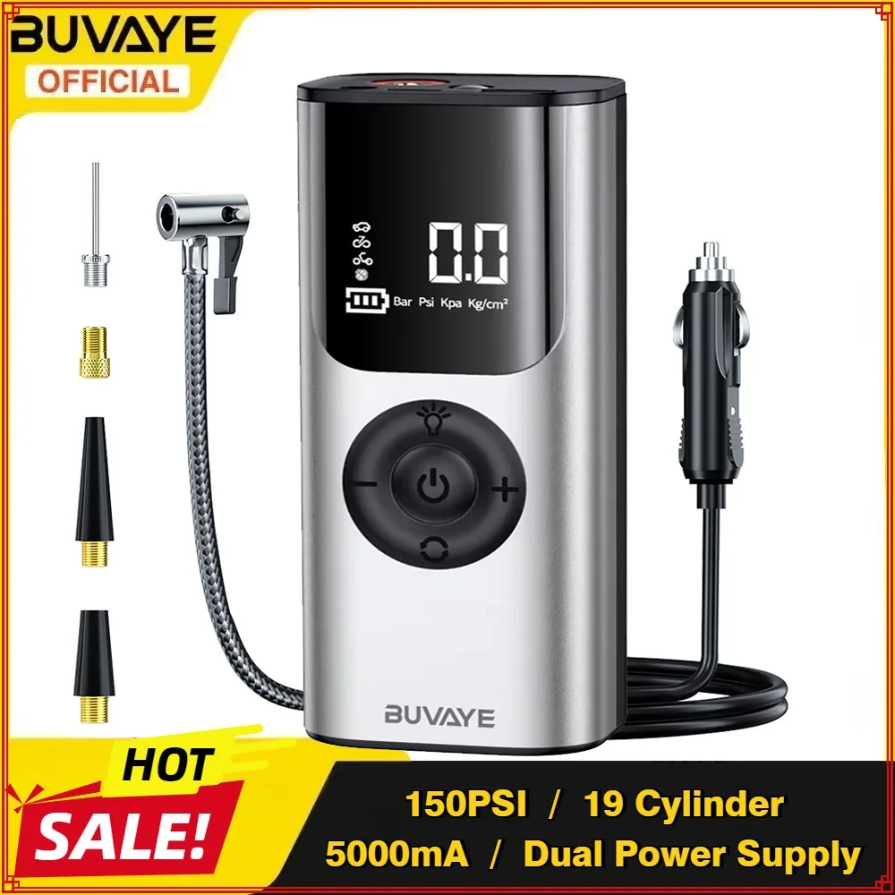 

BUVAYE 150PSI Smart Air Pump 5000mAh for Motorcycles Mini Tire Inflator Dual Power Supply Digital&Preset Pressure Inflation