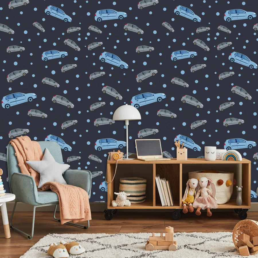 6+  Easy to Apply, Self Adhesive Optional, Wallpaper for Living Room Contact Panel Art Cartoon Blue Cars Baby Kids Bedroon Mural