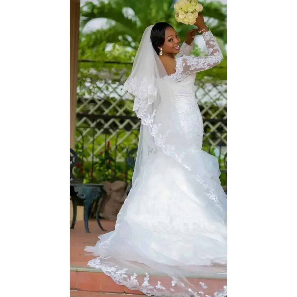 

Customized African Mermaid Lace Wedding Dresses Beads Sequins Boat Neck Illusion Long Sleeves Cheap Plus Size Bridal Gowns Vesti