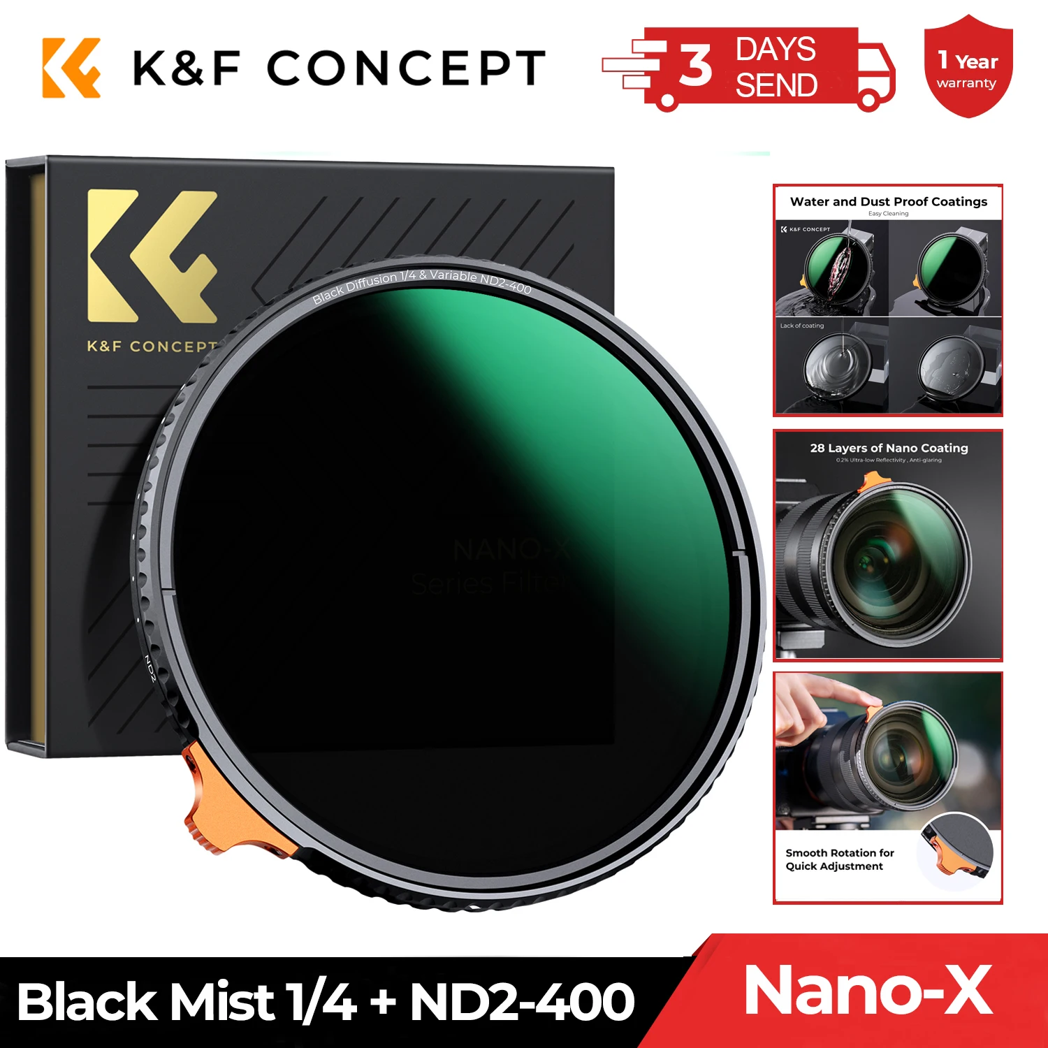 K&F CONCEPT Camera Lens 2 in 1 Filter Black Mist 1/4 + ND2-400 Variable ND Filter Nano-X 49mm 52mm 55mm 58mm 62mm 67mm 77mm 82mm