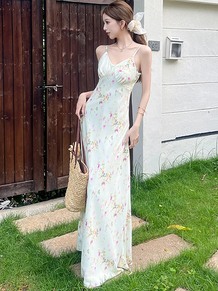 Mulheres estilo praia floral com decote em v sexy estilingue vestido de verão elegante casual vestido de férias 2025 nova moda coreana vestidos maxi de luxo