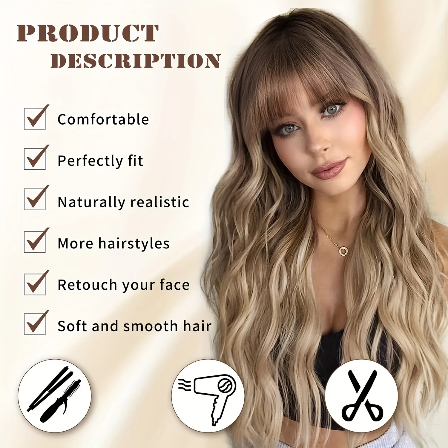 EASIHAIR Ombre Blonde Brown Synthetic Wig Long Curly Wavy Wigs with Bangs for Women Afro Heat Resistant Cosplay Daily Hair Wig