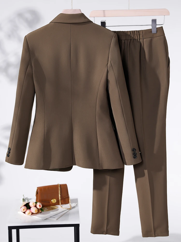 Women 2 Piece Set Formal Pant Suit Coffee Red Black Blue Blazer Jacket And Trouser For Office Ladies Business Work Wear