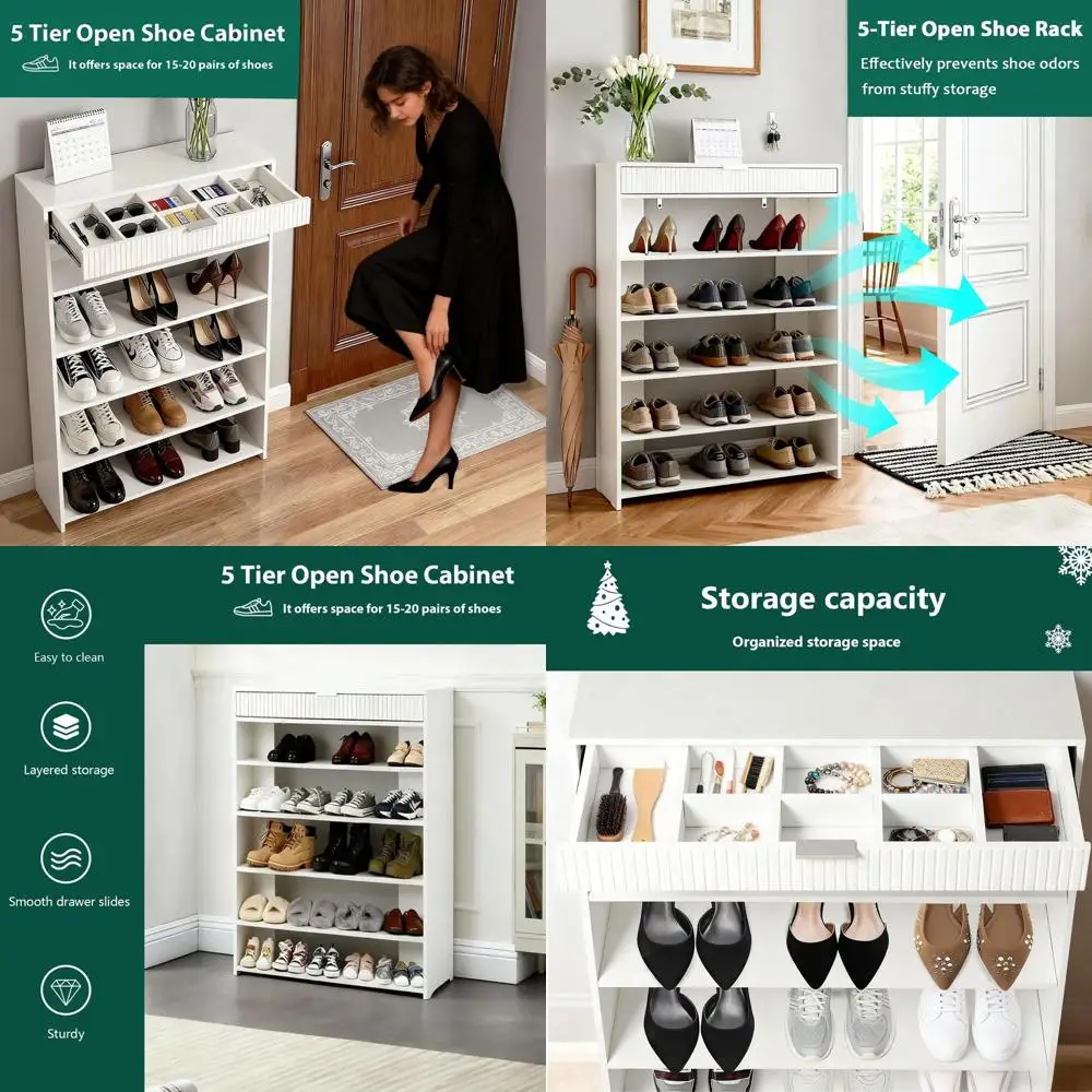 

5-ярусный деревянный шкаф для обуви, компактный дизайн для экономии места, вмещает 15-20 пар, идеально подходит для гардеробных, прихожих и спален (белый)