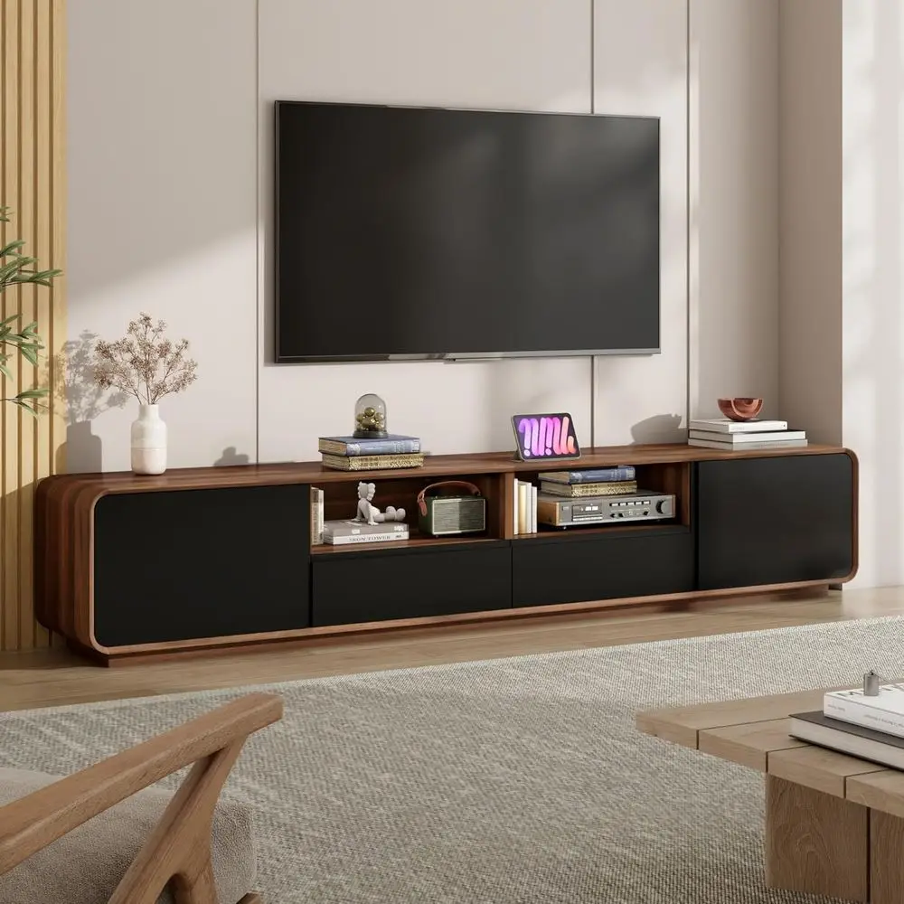 79TV Stand or Living Room, Rounded EdEntertainment Center with 2 LarStoraCai& 2 Ders, ern TV ole Tale or 50-90 Inch TVs (Walnut
