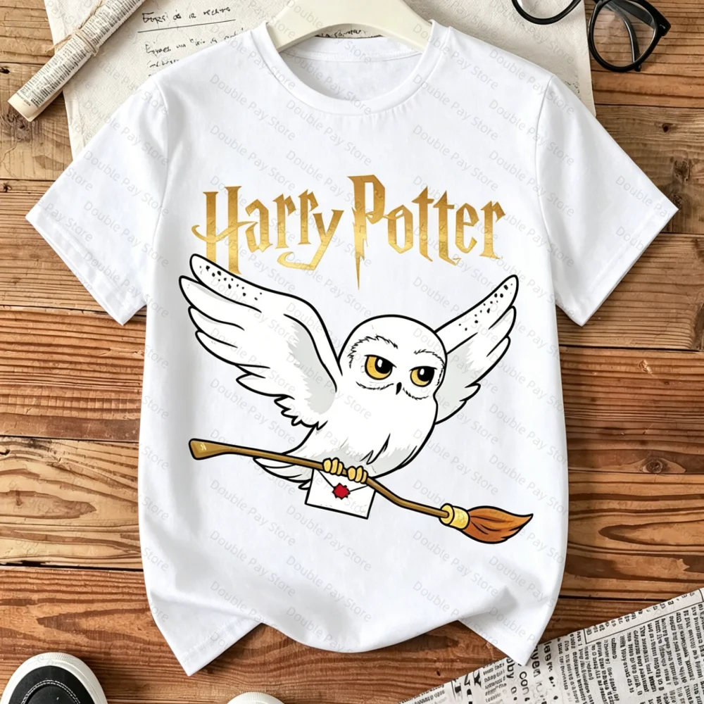Camiseta de manga corta con estampado de escoba de Harry Potter para niños y niñas, camiseta con cuello redondo, camisetas para niños, camisetas informales de verano para hombre