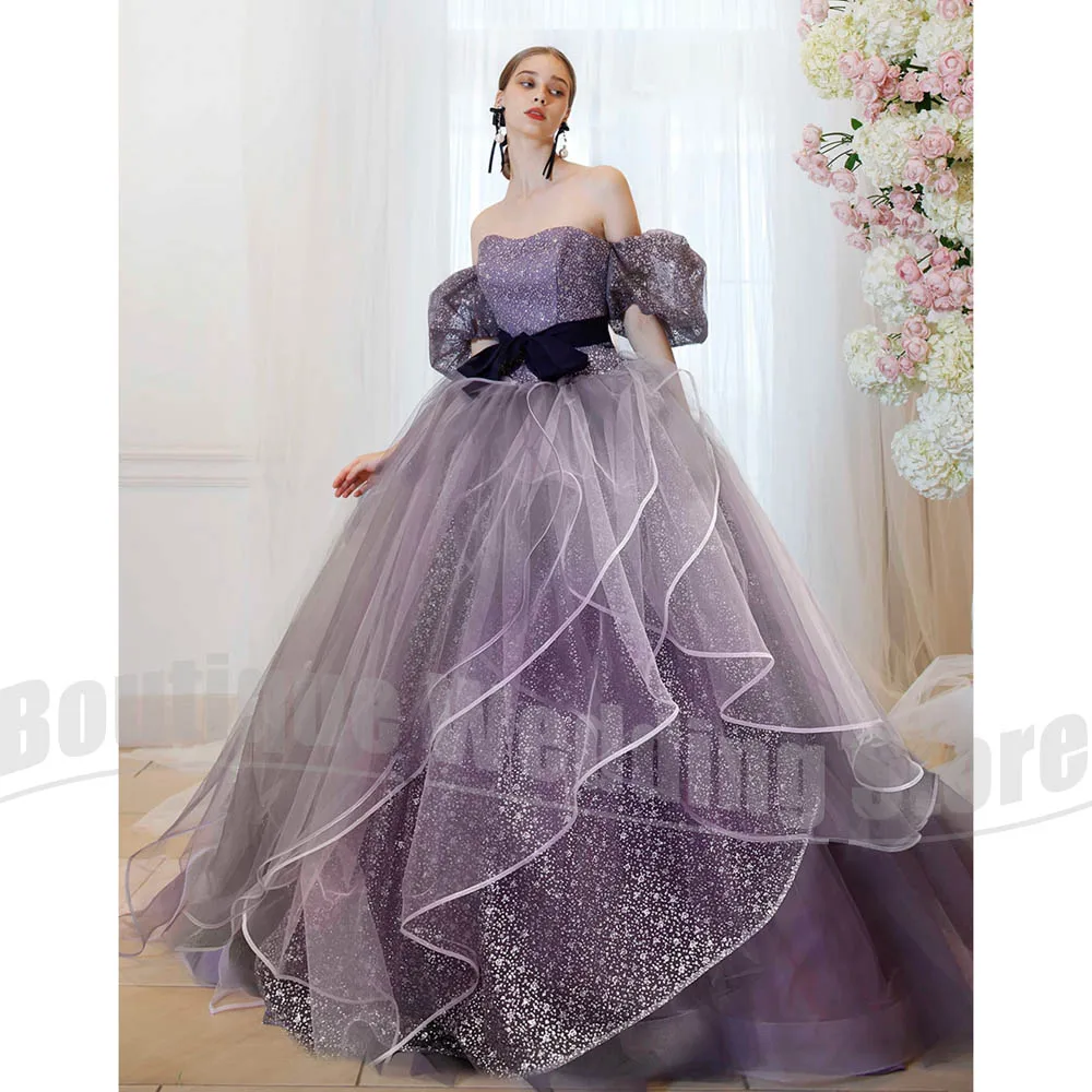 Women's Strapless Sequined Evening Dress with Black Bow Belt Ruffled Tulle Ball Gown Fashion Sweep Train Elegant Party Dress