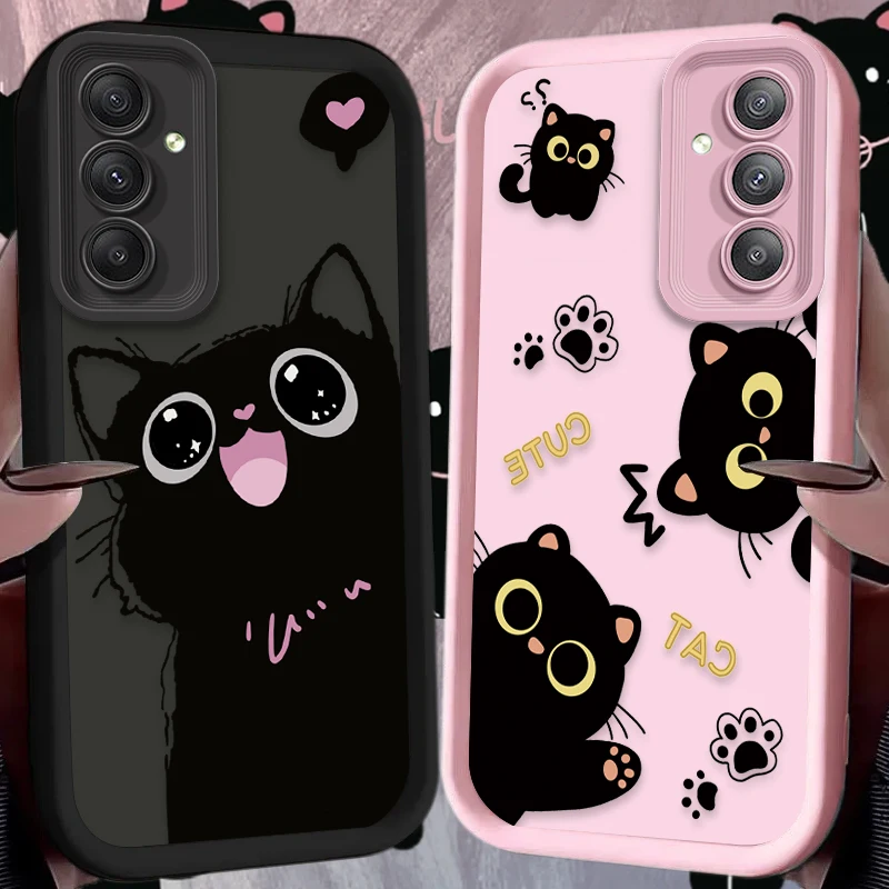 Cute Cartoon Black Cat Matte Case For Samsung Galaxy A16 A26 A36 A56 A05 A05S A15 A25 A35 A55 A54 A34 A24 A14 A13 A52 A52S A51
