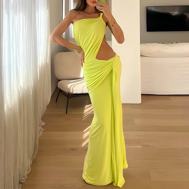 BKLD un hombro asimétrico sin mangas sin espalda Color sólido moda Sexy ceñido al cuerpo cintura fruncida recortado paquete caderas vestidos largos