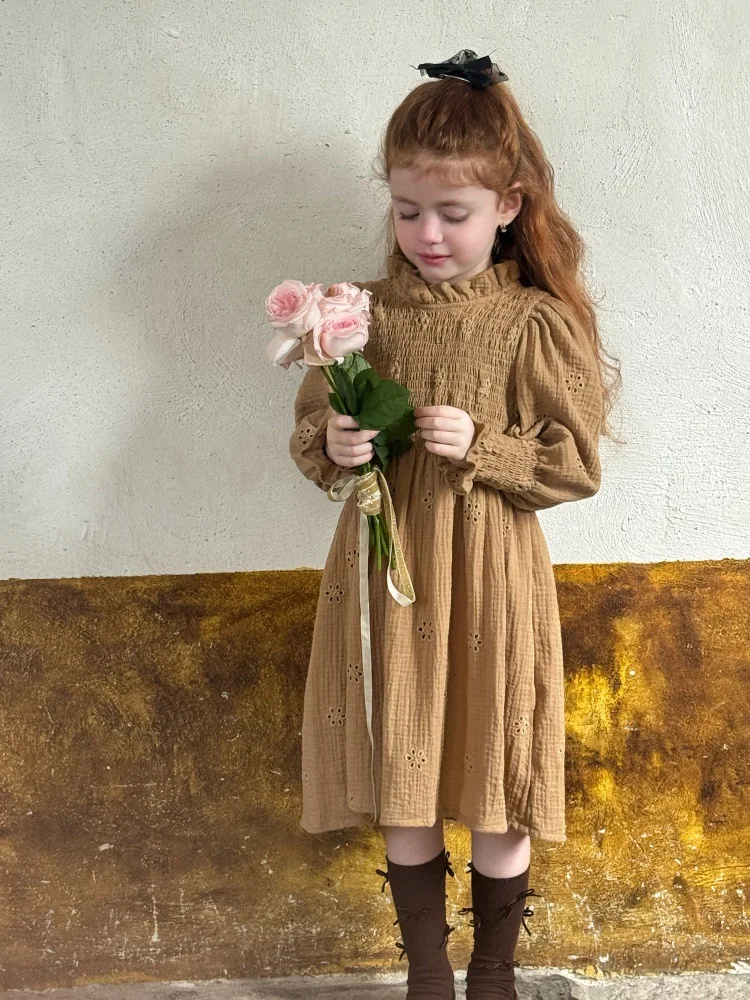 

Little Girls Dress Autumn 100% Cotton Solid Flower Embroidery Toddler Kids Girls Princess Dress Puff Sleeves Children Girl Dress