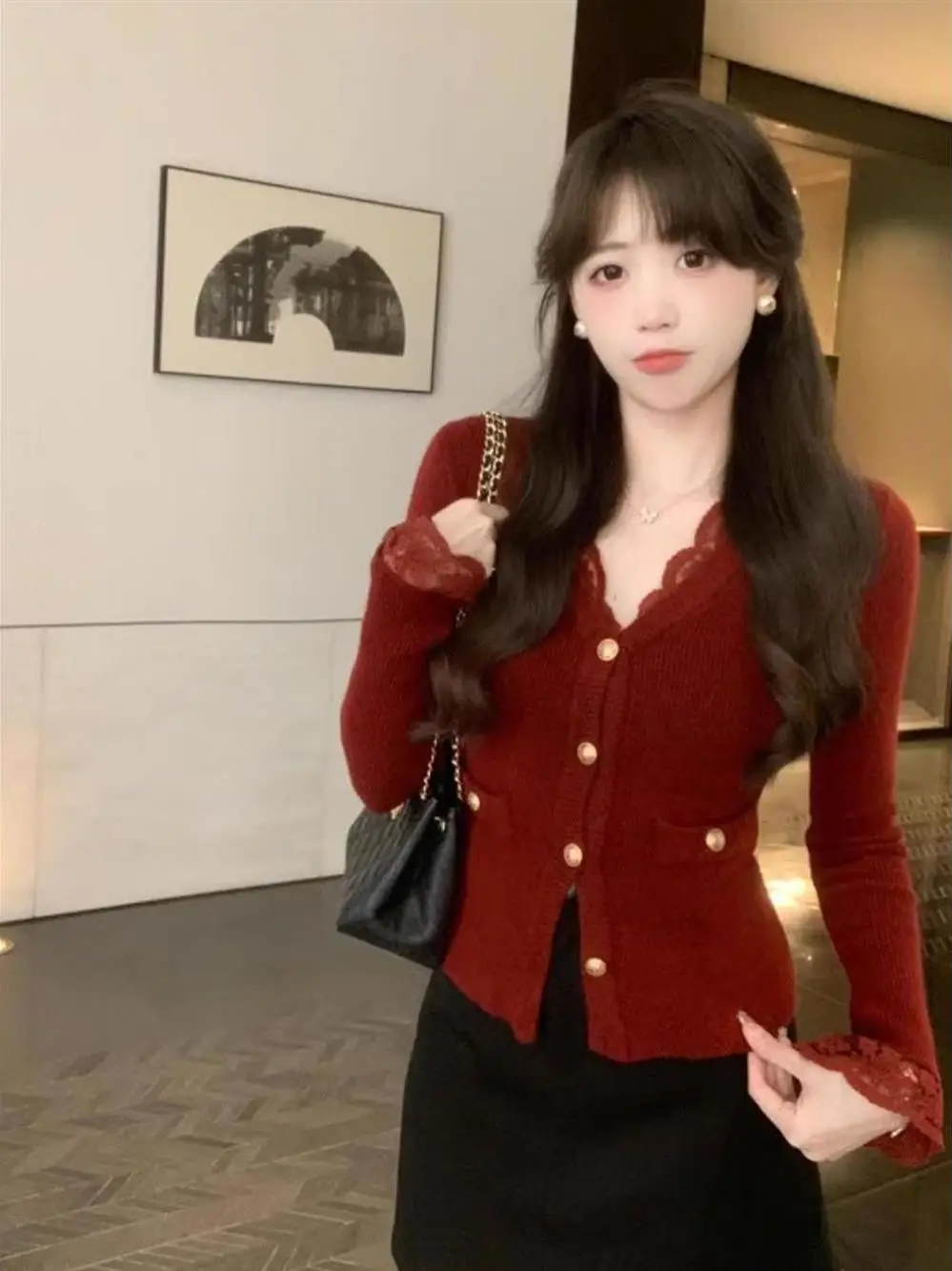 

Ele Red Lace V-ne Buttoned Knitwear Cardigan Women's Spring Autumn High Faion Gentle Sle Long Sve Slim Fit Top
