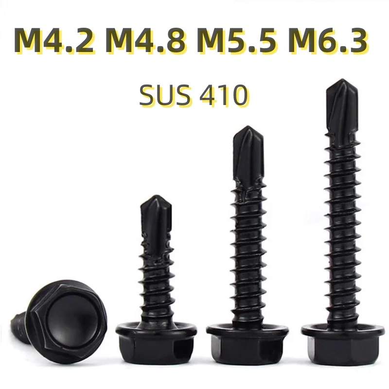 410 الفولاذ عرافة غسالة رئيس الذاتي الحفر مسامير M4.2 M4.8 M5.5 M6.3 الأسود الزنك 410 الصفائح المعدنية التنصت المسمار 5-50 قطعة